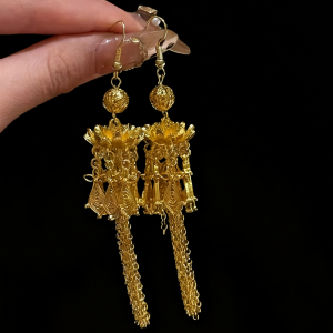 lotus step earrings with tassels retro palace style, elegant wedding jewelry, copper gold plated ornaments