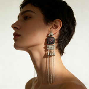 vintage pink star miao silver tassel dangle earrings for women