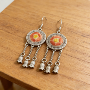 crimson cluster silver bell drop earrings