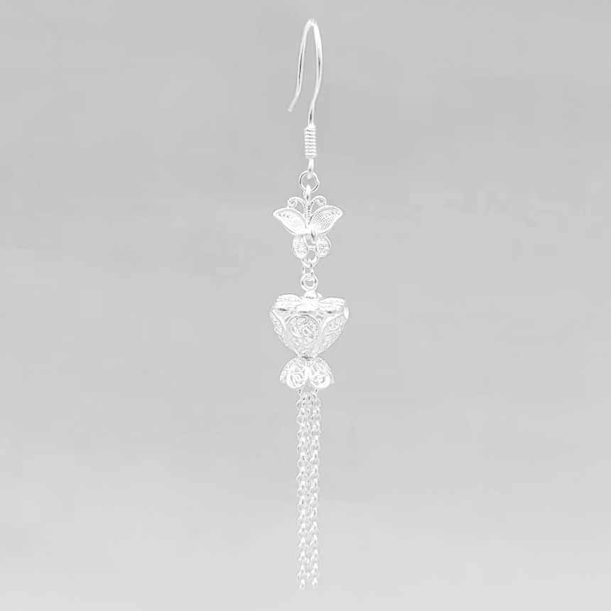 oriental butterfly flower drum tassel drop earrings