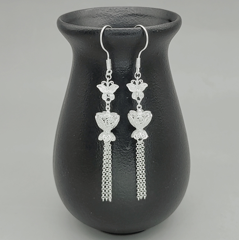 oriental butterfly flower drum tassel drop earrings