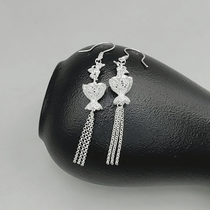 oriental butterfly flower drum tassel drop earrings