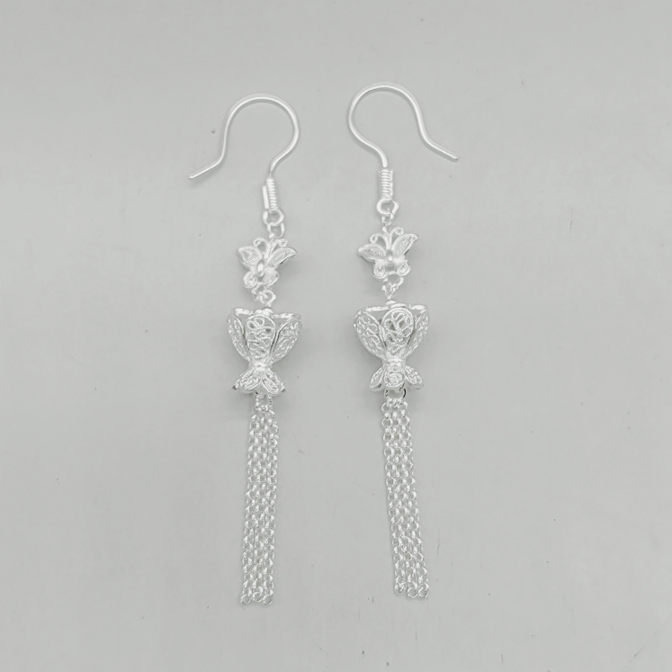 oriental butterfly flower drum tassel drop earrings