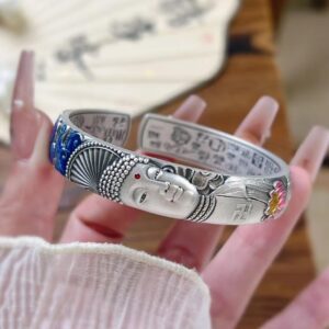 Buddha Face Sterling Silver Bangle - Enamel Cloud & Lotus Open Cuff with Blessing Engravings