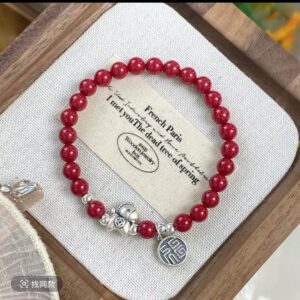 Red Cinnabar Horse Charm Bracelet with Fu Sign Pendant - Traditional Chinese Lucky Jewelry