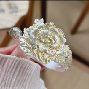 Peony Flower Sterling Silver Cuff Bracelet - Gold Accent Chinese Floral Statement Jewelry