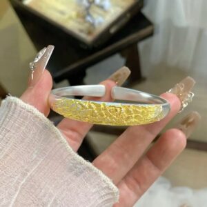 Traditional Chinese Gilded Peony Silver Bangle