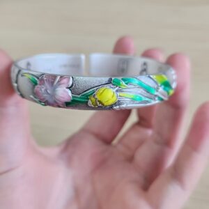 Enamel Iris Flower Sterling Silver Bangle - Traditional Chinese Floral Open Cuff Bracelet