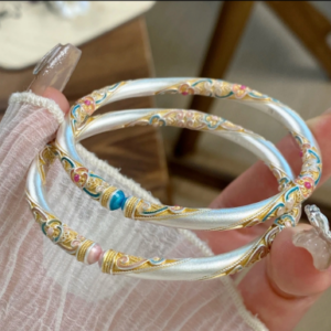Traditional Chinese Cloud & Floral Enamel Silver Bangle