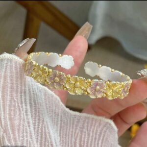 Gold Plated Pink Enamel Plum Blossom Sterling Silver Open Bangle, Oriental Floral Adjustable Bracelet for Women
