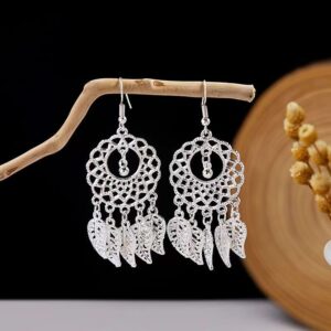 Boho Silver‑Tone Dreamcatcher Leaf‑Tassel Dangle Earrings, Vintage Hollow Filigree Ethnic Drop Earrings for Women
