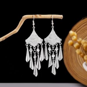 Boho Silver‑Tone Fan‑Shaped Heart‑Accent Blade‑Tassel Dangle Earrings, Vintage Ethnic Fringe Drop Earrings for Women