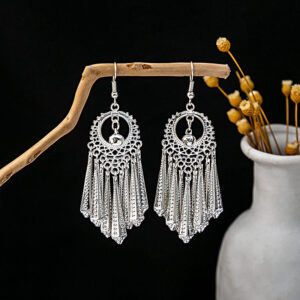 Boho Silver‑Tone Circular Lace‑Filigree Embossed Blade‑Tassel Dangle Earrings, Vintage Ethnic Fringe Statement Drop Earrings for Women