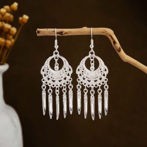 Boho Silver‑Tone Crescent‑Center Lace‑Filigree Blade‑Tassel Dangle Earrings, Vintage Ethnic Fringe Drop Earrings for Women