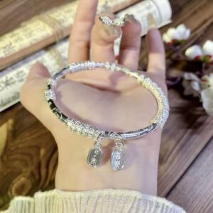 Chinese Blessing Charms Sterling Silver Bangle, Engraved Full Pattern Open Cuff Bracelet with Peace & Joy Pendants for Women