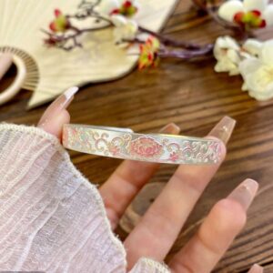 Pink Peony Floral Enamel Sterling Silver Open Bangle, Chinese Vintage Swirl Pattern Adjustable Bracelet for Women