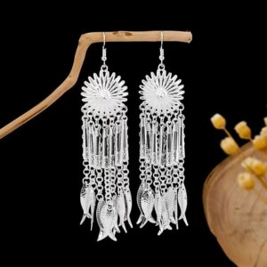 Boho Silver‑Tone Sun‑Burst Filigree Cylindrical‑&‑Fish‑Tassel Dangle Earrings, Chinese Ethnic Tribal Fringe Statement Drop Earrings for Women