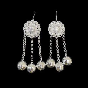 Boho Silver‑Tone Scalloped Floral‑Filigree Ball‑Bell Tassel Dangle Earrings, Chinese Ethnic Tribal Fringe Statement Drop Earrings for Women