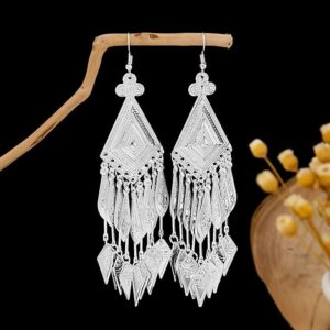 Boho Silver‑Tone Diamond‑Shaped Concentric‑Geometric Filigree Multi‑Layer Tassel Dangle Earrings, Chinese Ethnic Tribal Fringe Statement Drop Earrings for Women