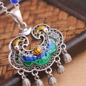 Cloisonne‑Enamel Koi Fish & Lotus Ruyi Lock Bell‑Tassel Pendant, Vintage Hollow Silver‑Tone Oriental Ethnic Statement Necklace Charm