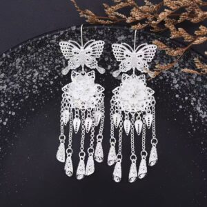 Boho Silver‑Tone Butterfly‑Floral Filigree Multi‑Layer Teardrop‑Bell Tassel Dangle Earrings, Chinese Ethnic Vintage Fringe Statement Drop Earrings for Women
