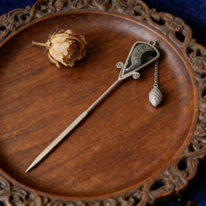Black‑Base Swirl‑Pattern Embroidered Seed‑Pod‑Charm Hairpin, Oriental Vintage Triangle‑Frame Tassel Hair Stick for Women