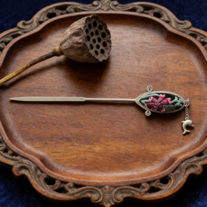 Purple‑Teal Floral Embroidered Dolphin‑Charm Hairpin, Oriental Vintage Oval‑Frame Tassel Hair Stick for Women