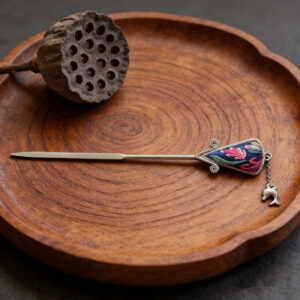 Deep‑Blue Base Colorful Leaf‑Pattern Embroidered Dolphin‑Charm Hairpin, Oriental Vintage Triangle‑Frame Tassel Hair Stick for Women
