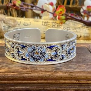 Blue Peony Cloisonné Sterling Silver Wide Bangle, Chinese Ethnic Open Cuff Bracelet for Women