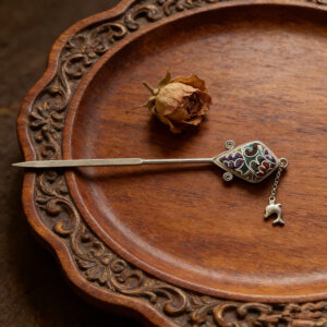 Multicolor Swirl‑Pattern Embroidered Dolphin‑Charm Hairpin, Oriental Vintage Diamond‑Frame Tassel Hair Stick for Women