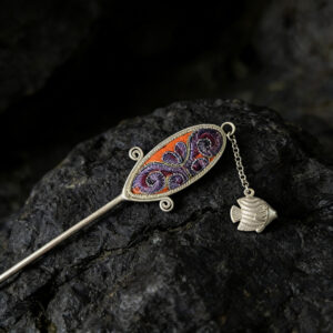 Orange‑Base Purple Floral Embroidered Carp‑Charm Hairpin, Oriental Vintage Oval‑Frame Tassel Hair Stick for Women