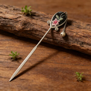 Pink Floral Embroidered Bell‑Charm Hairpin, Oriental Vintage Teardrop‑Frame Tassel Hair Stick for Women