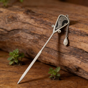 Vintage Swirl‑Pattern Embroidered Teardrop Hairpin, Oriental Textured Seed‑Pod Tassel Hair Stick for Women