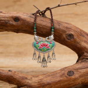 Green‑Base Pink Lotus Double‑Koi Embroidered Ruyi Lock Bell‑Tassel Necklace, Oriental Ethnic Vintage Silver‑Tone Statement Jewelry