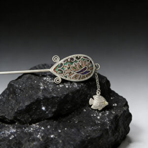 Multicolor Peacock‑Feather Embroidered Carp‑Charm Hairpin, Oriental Vintage Teardrop‑Frame Tassel Hair Stick for Women