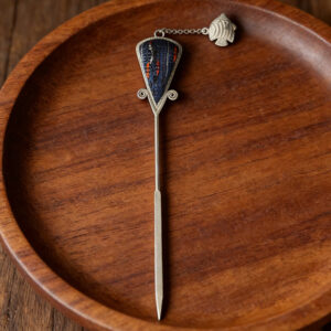 Dark Blue Textile Embroidered Carp‑Charm Hairpin, Oriental Vintage Triangle‑Shaped Tassel Hair Stick for Women