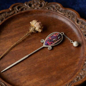 Dark‑Purple Base Red Floral Embroidered Round‑Bell‑Charm Hairpin, Oriental Vintage Teardrop‑Frame Side‑Tassel Hair Stick for Women