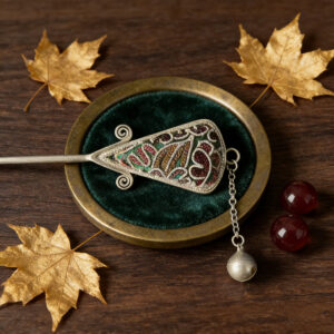 Multicolor Leaf‑Pattern Embroidered Bell‑Charm Hairpin, Oriental Vintage Triangle‑Frame Tassel Hair Stick for Women