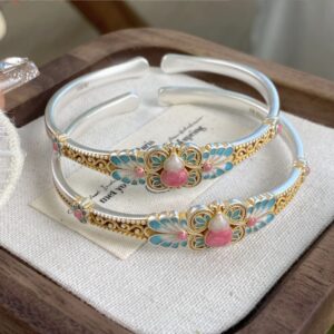 Imperial Filigree Gourd Enamel Sterling Silver Bangle, Handcrafted Oriental Jewelry