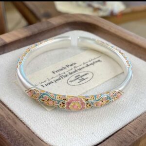 Imperial Pink Floral Cloisonné Sterling Silver Bangle, Hand‑Filigree Oriental Enamel Artisan Jewelry