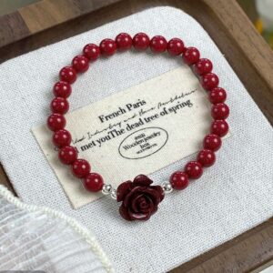 Textured Beaded Sterling Silver Bracelet with Heart Charm, Oriental Dainty Adjustable Stackable Wrist Jewelry for Women