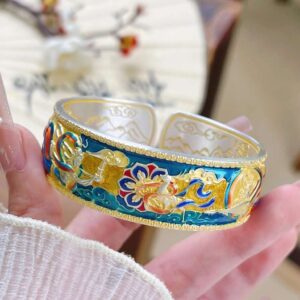 Dunhuang Flying Apsaras Deer Cloisonné Sterling Silver Wide Bangle, Chinese Gilded Enamel Open Cuff Bracelet for Women