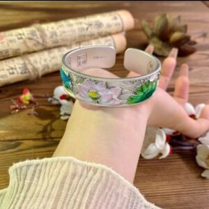 Imperial Koi Lotus Cloisonné Sterling Silver Wide Bangle, Hand‑Enameled Oriental Water‑Scene Artisan Jewelry