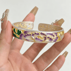 Hand Painted Purple Peony Enamel Sterling Silver Bangle, Chinese Vintage Open Cuff Bracelet for Women