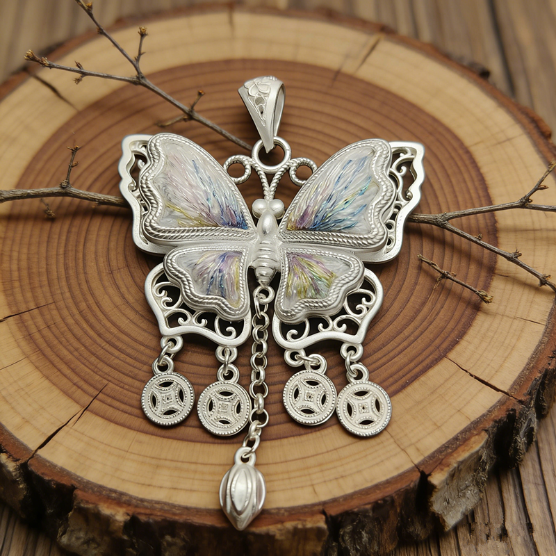 Iridescent Embroidered Butterfly Coin‑Tassel Pendant, Oriental Vintage Hollow Silver‑Tone Ethnic Necklace Charm