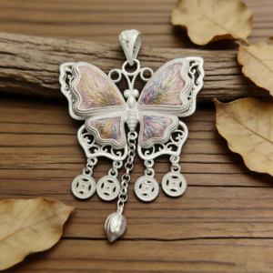 Pink‑Tone Iridescent Embroidered Butterfly Coin‑Tassel Pendant, Oriental Vintage Hollow Silver‑Tone Ethnic Necklace Charm