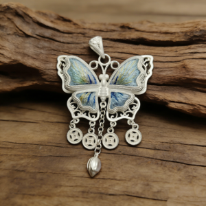 Sky‑Blue Iridescent Embroidered Butterfly Coin‑Tassel Pendant, Oriental Vintage Hollow Silver‑Tone Ethnic Necklace Charm