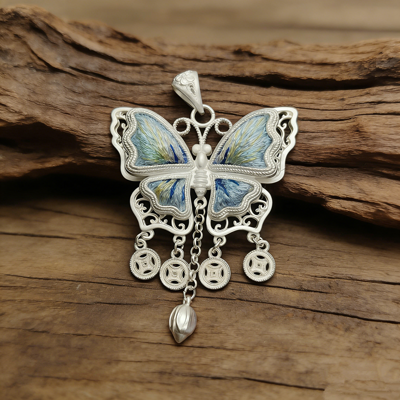 Sky‑Blue Iridescent Embroidered Butterfly Coin‑Tassel Pendant, Oriental Vintage Hollow Silver‑Tone Ethnic Necklace Charm