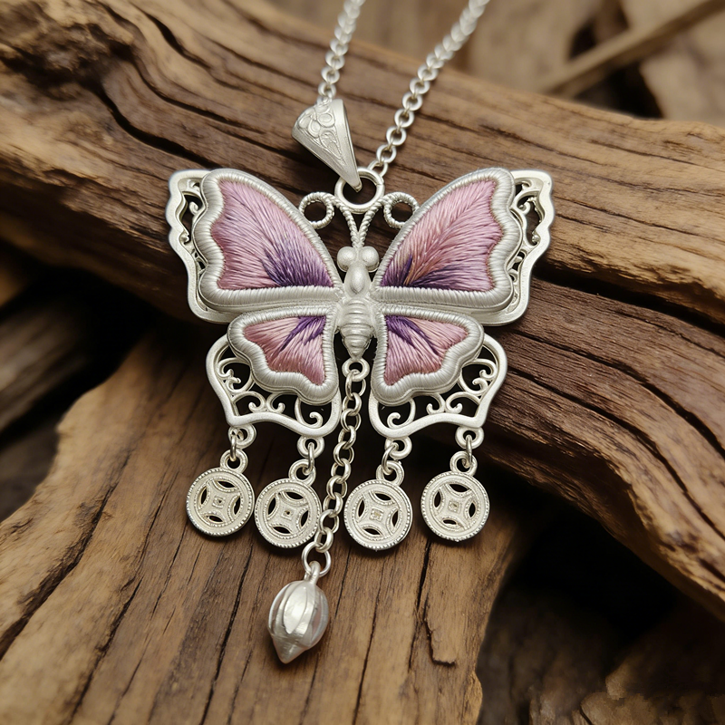 Lavender‑Purple Iridescent Embroidered Butterfly Coin‑Tassel Pendant, Oriental Vintage Hollow Silver‑Tone Ethnic Necklace Charm
