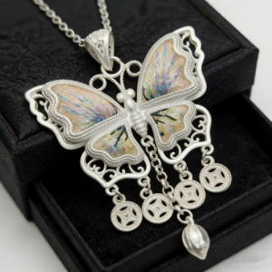 Beige‑Base Iridescent Embroidered Butterfly Coin‑Tassel Pendant, Oriental Vintage Hollow Silver‑Tone Ethnic Necklace Charm
